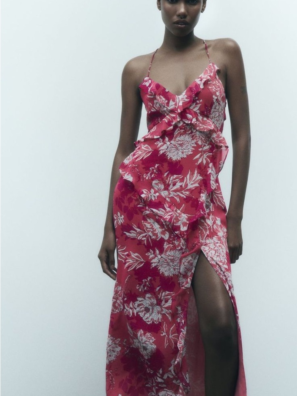 Zara Raspberry Pink Floral Ruffle Slip Maxi Dress